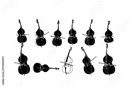 Collection of eight black and white silhouette images of stringed double bass musical instruments in various poses