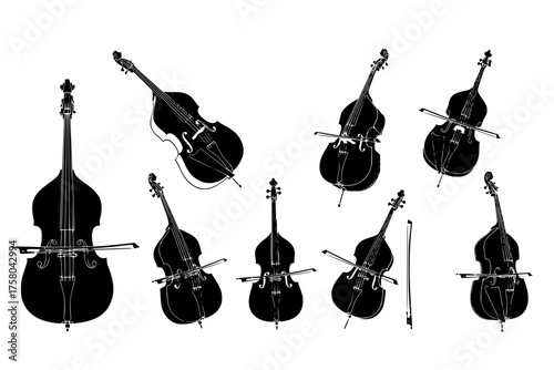 Collection of eight black and white silhouette images of stringed double bass musical instruments in various poses