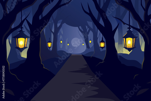 eerie forest path with lanterns