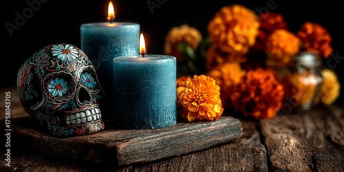 Small Day of the Dead decoration with candle on wooden surface, studio lighting highlighting colorful and intricate festive elements, elegant Dia de los Muertos arrangement for celebration