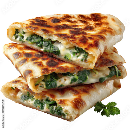 Traditional Gözleme Folded and Cut in Half, Stacked to Show Spinach and Cheese Filling, Isolated on Transparent Background, Authentic Turkish Savory Flatbread