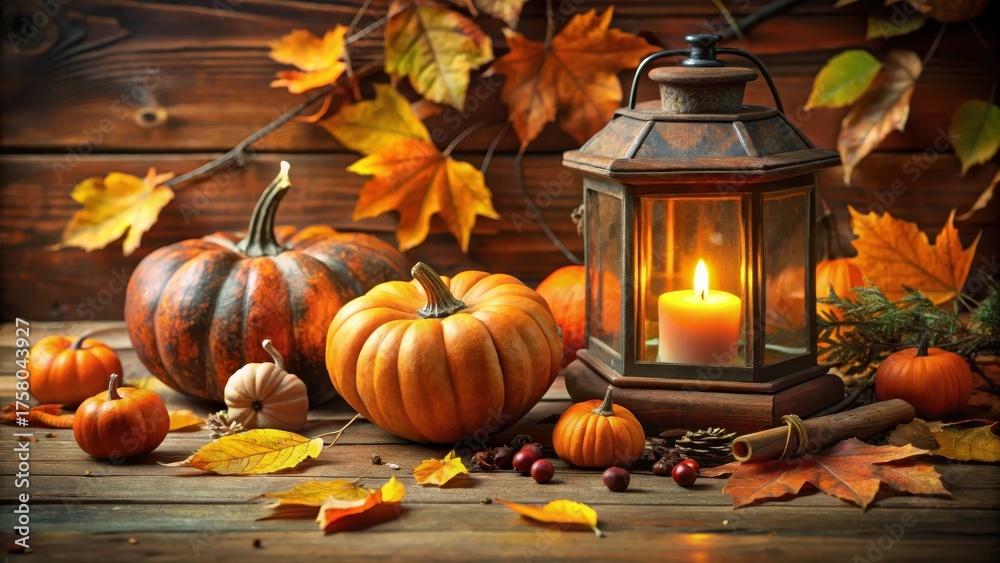 Obraz premium Autumnal Still Life with Lantern and Pumpkins A Rustic Harvest Scene