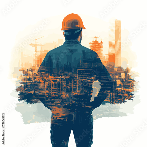 rear view of professional engineer manager standing concentrate focus multi exposure with building construction industry background construstion engineer concept