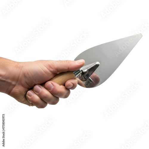 Human hand holding small professional sharp metal trowel tool with wooden handle. isolated PNG with Transparent Background