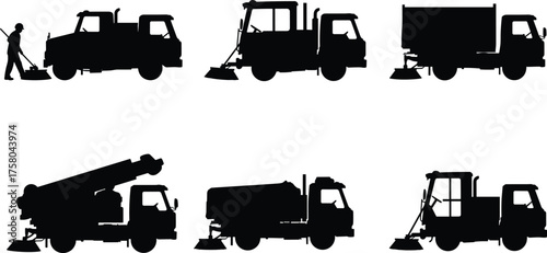  Street cleaning vehicle silhouettes, urban maintenance trucks, utility service icons, vector illustration set, city infrastructure equipment, sanitation machines, municipal service graphics