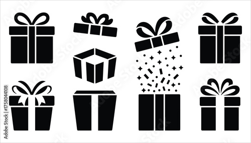 Set of Black Gift Boxes with Ribbons and Bows Keywords: gift, present, box, ribbon, bow, celebration