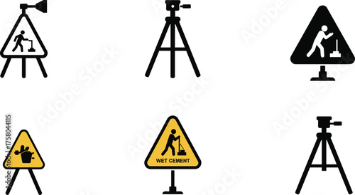  Surveying and construction warning icon set, tripod and shovel graphics, black vector illustration, site safety visuals, caution signage symbols, field equipment design