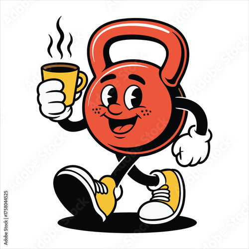 Happy cartoon kettlebell character walking with a cup of steaming coffee Keywords: kettlebell
