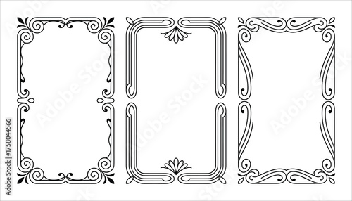 Three decorative black and white vintage frames with ornate swirling borders Keywords: frame, border