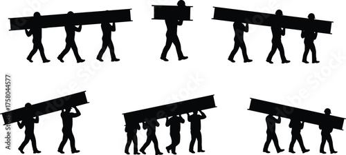  Teams carrying long beams together in coordinated effort, silhouettes of groups sharing load, teamwork, cooperation, manual labor, collective transport, synchronized carry