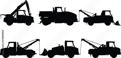  Tow truck silhouette vector set, recovery vehicle icons, crane arm, flatbed, hook, emergency transport, black isolated illustration, commercial use
