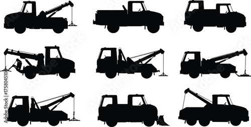  Tow truck silhouette set, black vector icons, roadside assistance vehicles, flatbed and boom designs, towing service clipart, emergency transport graphic pack