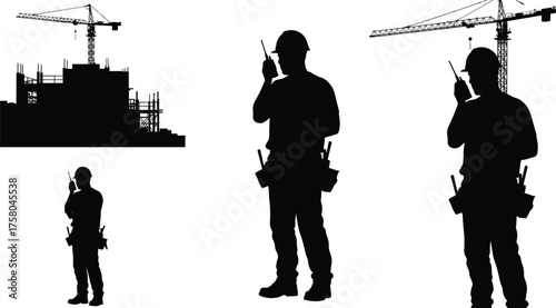 Walkie talkie silhouette set, construction supervisor with communication gesture, building site crane illustration, vector architecture with scaffolding, industrial worker outline