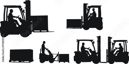  Warehouse forklift silhouettes, pallet jack operator, material handling scenes, industrial logistics,