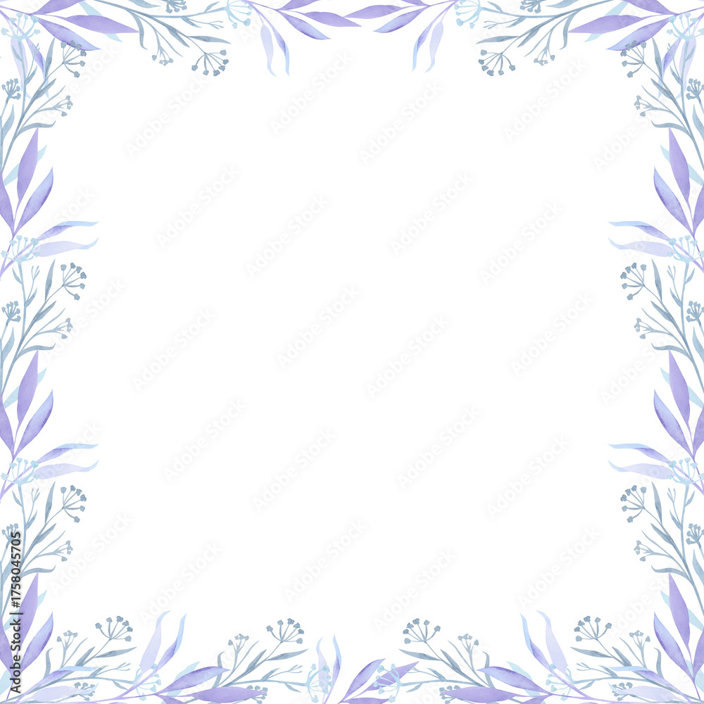 Fototapeta premium Square frame of blue flowers, branch with leaves. Flowers. Watercolor.