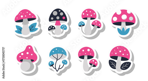 Charming stylized mushroom collection vibrant pink blue magical forest fungi fantasy nature elements