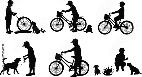 Silhouette boy with dog and bicycle outdoor activities, playful friendship, childhood adventure, pet care, training, puddle fun, companionship illustration