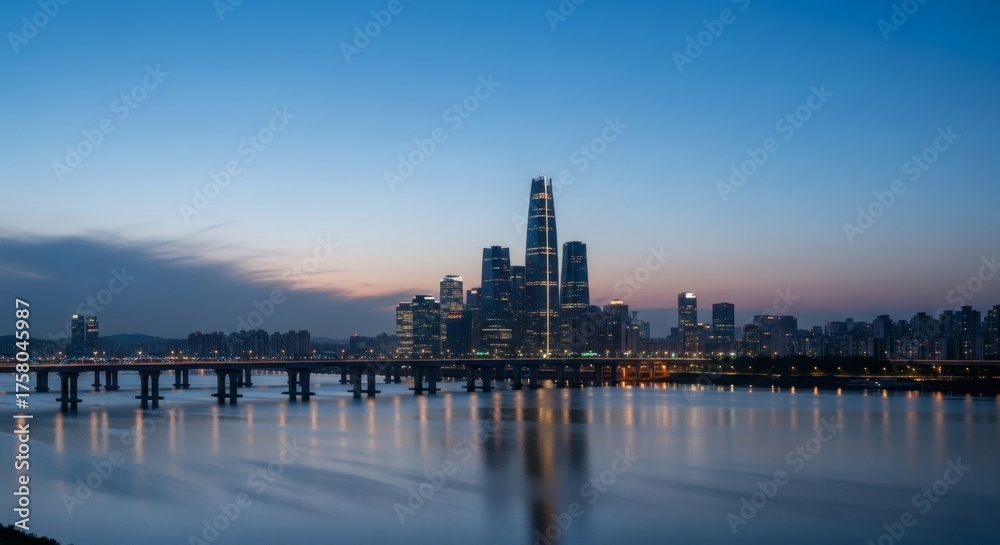 Naklejka premium A modern metropolis at twilight, where vibrant skyscraper lights whisk across the calm water under a deep blue sky