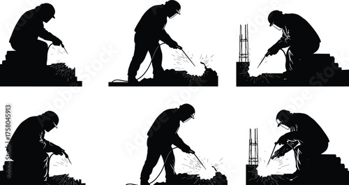  Welding worker silhouette, construction labor, sparks flying, safety gear, industrial craftsmanship, black and white vector art, metalwork, helmet, gloves, rebar welding