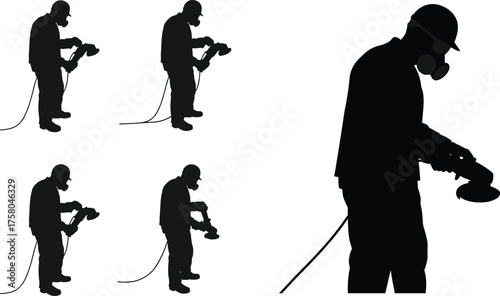  Worker using power tool silhouettes with helmet and respirator, grinder operator in motion, corded angle grinder, safety gear demonstration, vector icon set