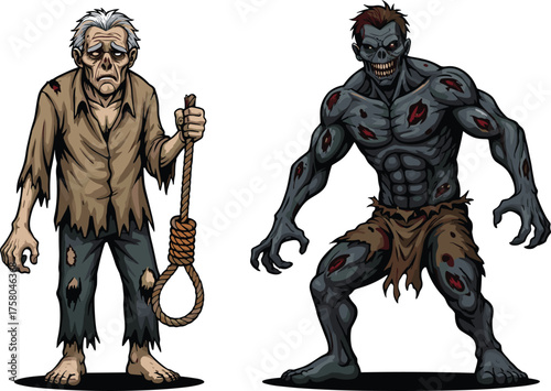 PrintCreepy zombie characters, undead monsters illustration, scary horror artwork, dark fantasy creatures, Halloween design, terrifying walking dead men, spooky cartoon art, evil concept