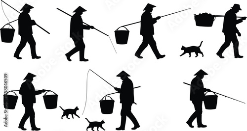 Silhouette fisherman with conical hat carrying bucket and fishing rod, accompanied by cat, outdoor lifestyle, rural tradition, pet companionship illustration