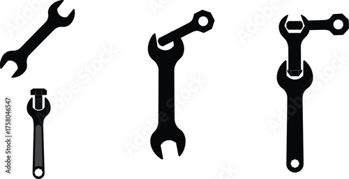  Wrench silhouette icon set, mechanical tool graphics, black vector illustration, intersecting wrench designs, repair and maintenance symbols, industrial equipment visuals, hardware tools