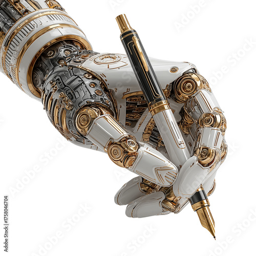 Close-Up of Prosthetic Hand Holding a Pen and Writing on Paper, Isolated on Transparent Background, Adaptive Technology in Everyday Use