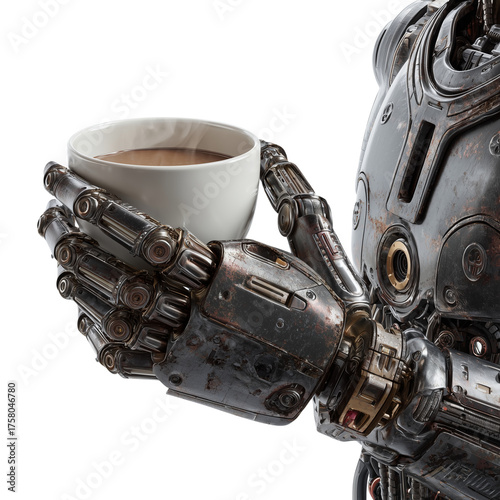 Close-Up of Prosthetic Hand Holding Coffee Mug, Isolated on Transparent Background, Modern Technology and Daily Life Concept