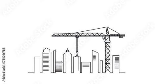 Construction Crane Over City Skyline Buildings Under Development.