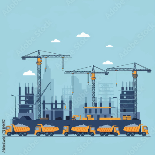 Construction site with cranes and dump trucks working on a building project.