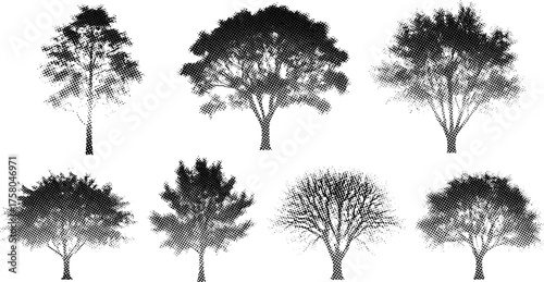 Tree silhouette vector illustration, diverse forest design with unique branching patterns and foliage density, abstract botanical art, decorative nature elements, creative woodland inspiration concept