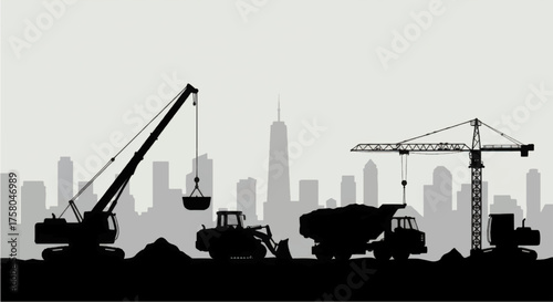 Construction site with heavy machinery and equipment silhouette.