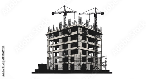 High rise building construction site with two tower cranes on top.