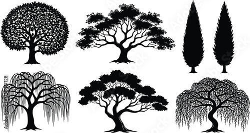 Tree silhouette vector illustration, diverse forest design with unique canopy and root structures, abstract botanical art, decorative nature elements, creative woodland inspiration concept