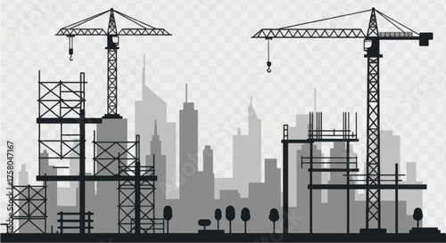 Silhouette of a construction site with tower cranes and scaffolding.