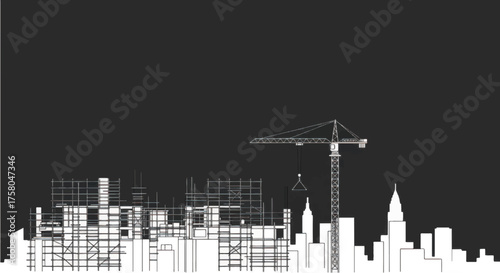 White line art of a city skyline under construction with a crane.