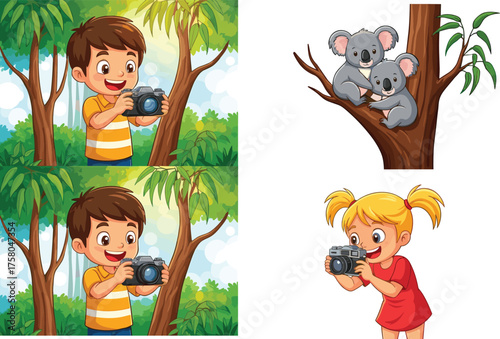 PrintCute children taking wildlife photos in forest, cartoon kids photographing koalas on tree, nature photography learning, outdoor animal illustration