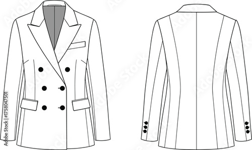 PrintDouble breasted blazer front and back view, women formal jacket template, tailored coat vector illustration, fashion flat sketch, clothing design mockup