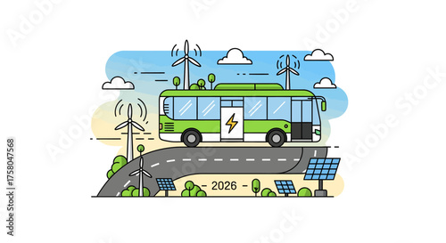 Eco Technology Electric Bus Action Animated Flat Vector Icon, Clean Motion 2D on Road, Pastel Green-White Landscape, Concept of Sustainable Transport