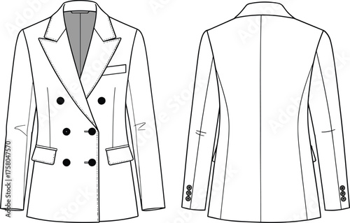 PrintDouble breasted women blazer front and back view, fashion flat sketch, vector jacket template, tailored coat illustration, clothing design mockup