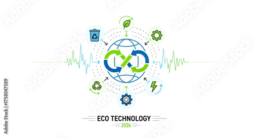 Animated Flat Vector Icon of Globe Spinning with Solar and Wind Energy, Eco Technology, Sustainable Environment, Front View, Concept Motion
