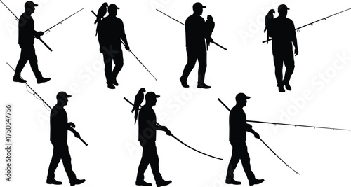 Silhouette fishermen walking with fishing rods, backpacks, bird companion, outdoor lifestyle, adventure travel, teamwork, nature activity, vector illustration design