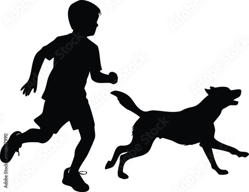 A silhouette of a boy running joyfully with his canine companion
