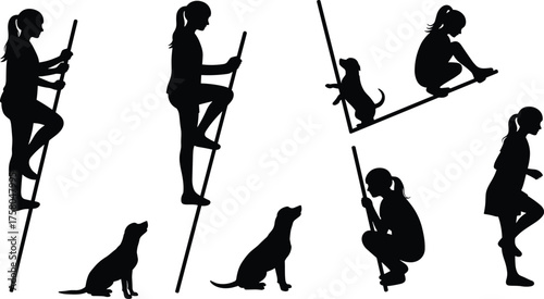 Silhouette girl climbing pole with dog companion, playful poses, outdoor activity, teamwork, friendship, lifestyle concept, vector illustration design art