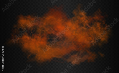 Orange red dangerous colorful smoke cloud. Vector realistic mist isolated on the semi transparent dark background