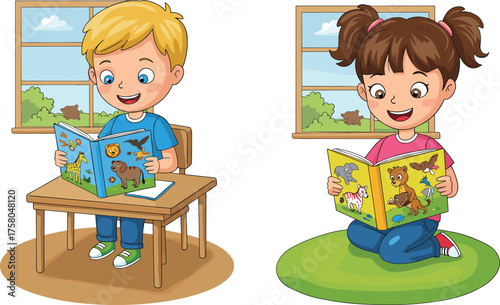 PrintHappy children reading colorful animal storybooks indoors, boy sitting at desk, girl on floor mat, educational learning, fun illustration scene