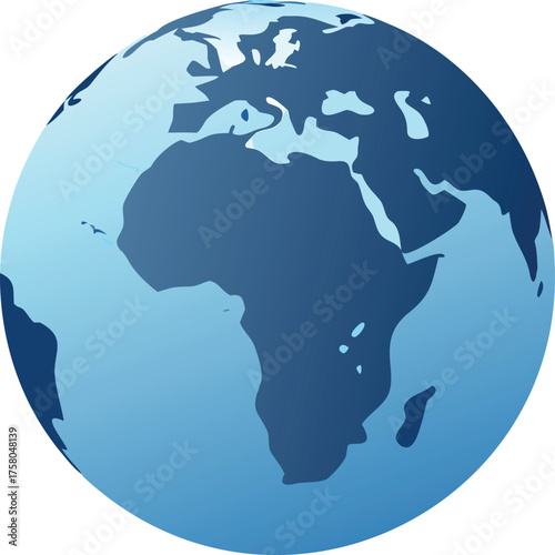 A blue and white graphic rendering of planet earth with visible continents