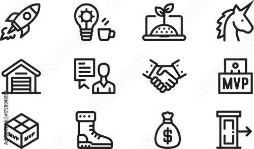 Business Startup and Growth Icons Vector Set: Rocket, Idea, Laptop Coffee, Plant, Unicorn, Garage, Document, Handshake, MVP Box, Boot, Money Bag, Exit