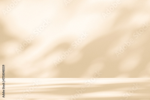 Wall interior background, studio and backdrops show products. with leaf shadow from window color beige and white. background for text insertion and presentation of product	